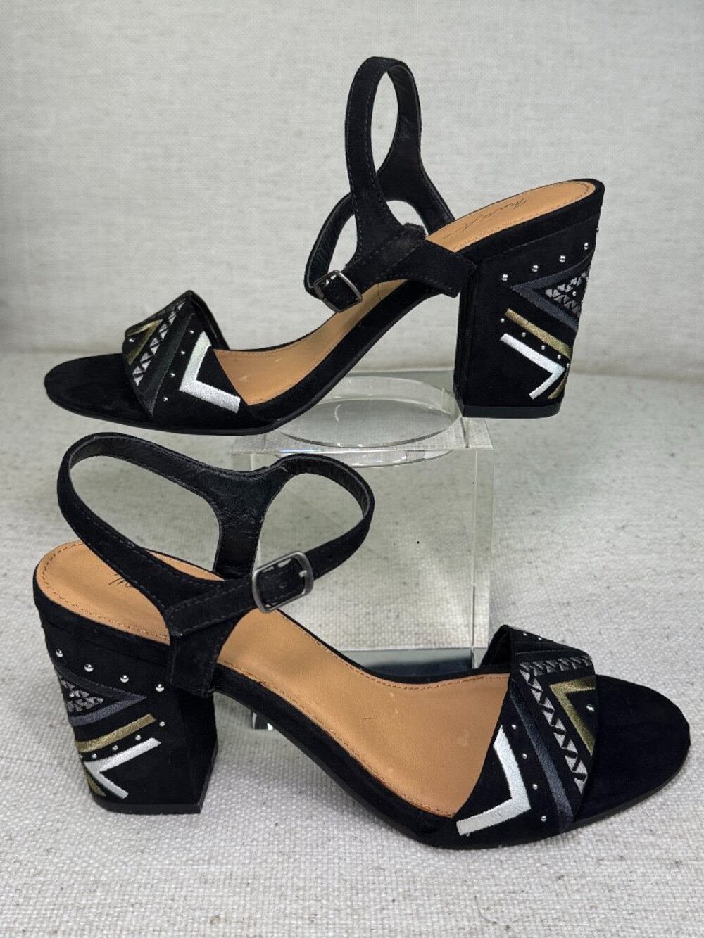 MARI A Black Faux Suede Metallic Geometric Art Deco Heels Sandals SIze 6.5